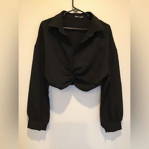 Black crop Shein business casual button down with twist detail